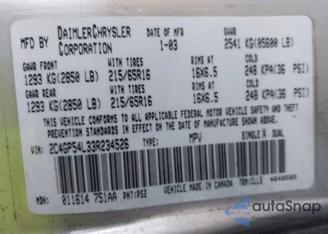 2003 Chrysler Town & Country Lxi z USA, uszkodzony, nr VIN 2C4GP54L33R234526